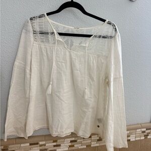 Roxy Lightweight Cream Lace Yoke Peasant Blouse with Tassel Tie